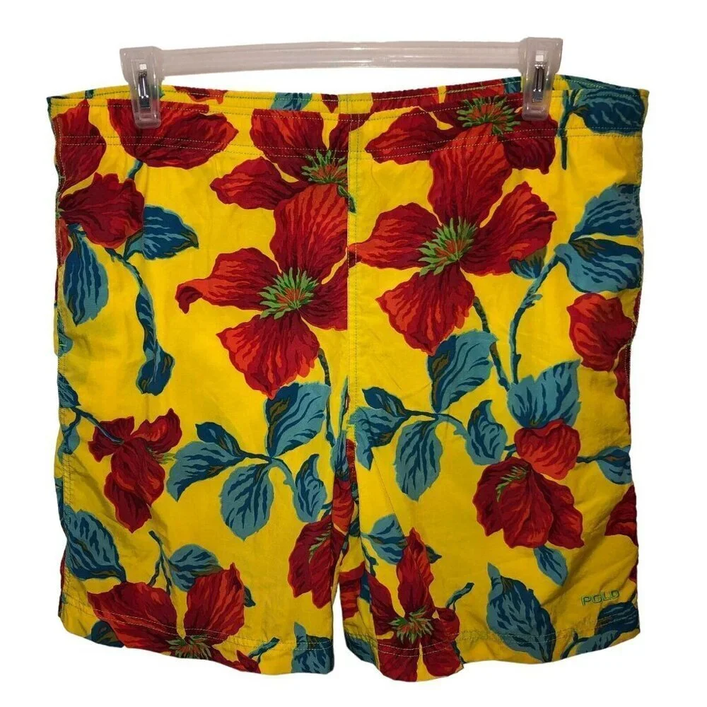 VTG Polo Sport Ralph Lauren Mens Large Yellow Floral Hawaiian Shorts Swim Trunks